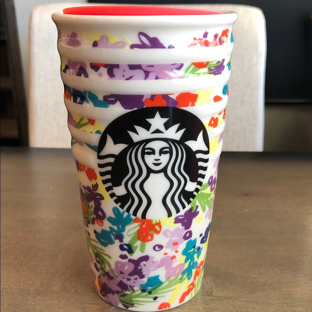 2016 Starbucks White Floral Reusable Cup with Multicolor ceramic travel tumbler